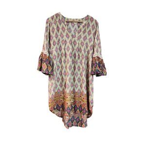 Umgee USA Womens Boho Tunic Dress L Multicolor Diamond Print Flared Sleeves